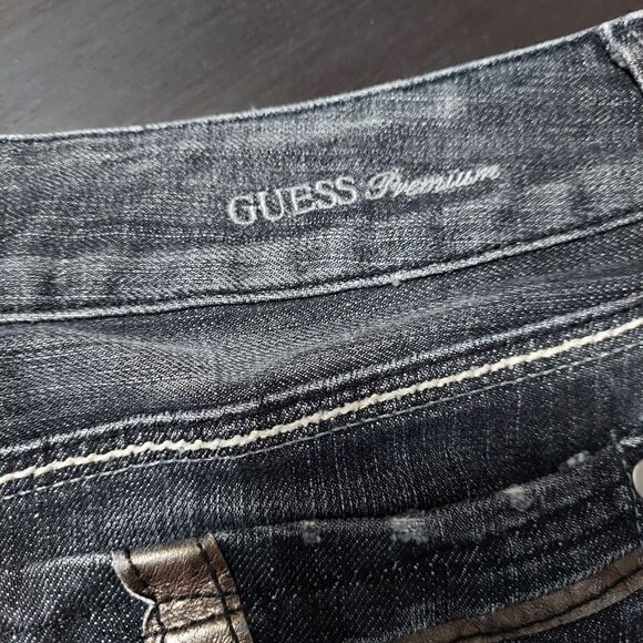 Guess denim skirt size 31 length 18 5". Embroidered logo and embellished rear po - Picture 5 of 8